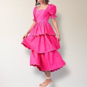 English Factory M Pink Scallop Tiered Maxi Dress Puff Sleeve Cottagecore Barbie